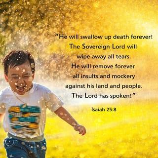 Isaiah 25:6-8 - But here on this mountain, GOD-of-the-Angel-Armies
will throw a feast for all the people of the world,
A feast of the finest foods, a feast with vintage wines,
a feast of seven courses, a feast lavish with gourmet desserts.
And here on this mountain, GOD will banish
the pall of doom hanging over all peoples,
The shadow of doom darkening all nations.
Yes, he’ll banish death forever.
And GOD will wipe the tears from every face.
He’ll remove every sign of disgrace
From his people, wherever they are.
Yes! GOD says so!