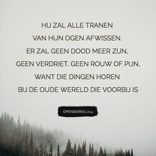 Openbaring 21:4 - Hij zal alle tranen van hun ogen afwissen. Er zal geen dood meer zijn, geen verdriet, geen rouw of pijn, want die dingen horen bij de oude wereld die voorbij is.’