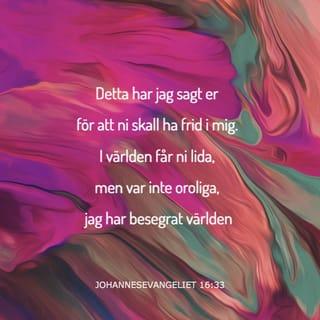 Johannes 16:33 - Detta har jag talat till er för att ni ska ha frid i mig. Här i världen kommer ni att möta bedrövelser men var vid gott mod, jag har besegrat världen.”