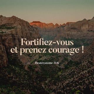 Deutéronome 31:6 - Fortifiez-vous et ayez du courage! Ne craignez point et ne soyez point effrayés devant eux; car l’Éternel, ton Dieu, marchera lui-même avec toi, il ne te délaissera point, il ne t’abandonnera point.