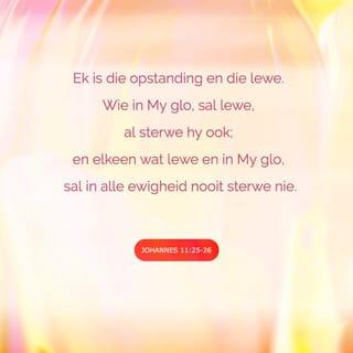 JOHANNES 11:25 - Toe sê Jesus vir haar: “Ek is die opstanding en die lewe. Wie in My glo, sal lewe, al sterwe hy ook