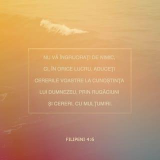 Filipeni 4:6 - Nu vă îngrijorați de nimic, ci, în orice lucru, aduceți cererile voastre la cunoștința lui Dumnezeu, prin rugăciuni și cereri, cu mulțumiri.