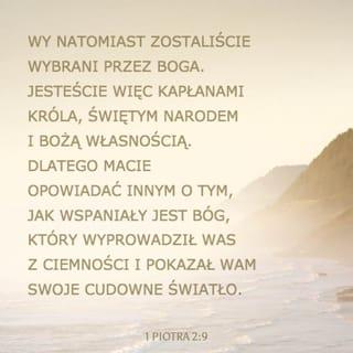 I Piotra 2:9 - Lecz wy jesteście rodem wybranym, królewskim kapłaństwem, narodem świętym, ludem nabytym, abyście rozgłaszali cnoty tego, który was powołał z ciemności do swej cudownej światłości