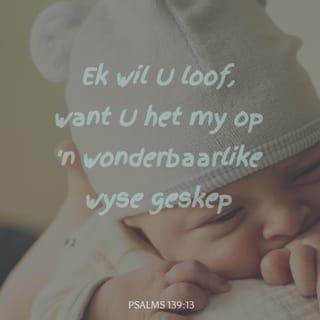 PSALMS 139:13-17 - U het my gevorm,
my aanmekaargeweef in die skoot van my moeder.
Ek wil U loof,
want U het my op 'n wonderbaarlike wyse geskep.
Wat U gedoen het,
vervul my met verwondering.
Dit weet ek seker:
geen been van my was vir U verborge
toe ek gevorm is waar niemand dit kon sien nie,
toe ek aanmekaargeweef is diep in die moederskoot.
U het my al gesien toe ek nog ongebore was,
al my lewensdae was in u boek opgeskrywe
nog voordat ek gebore is.
Hoe wonderlik is u gedagtes vir my, o God,
hoe magtig hulle almal!