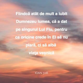 Ioan 3:16 - Fiindcă atât de mult a iubit Dumnezeu lumea, că a dat pe singurul Lui Fiu, pentru ca oricine crede în El să nu piară, ci să aibă viața veșnică.