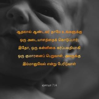 ஏசாயா தீர்க்கதரிசியின் புத்தகம் 7:14 - ஆனால் எனது தேவனாகிய ஆண்டவர் உனக்கு ஒரு அடையாளம் காட்டுவார்.
“இந்த இளம் கன்னிப் பெண்ணைப் பாரும். இவள் கர்ப்பமாக இருக்கிறாள்.
இவள் ஒரு குமாரனைப் பெறுவாள் அவள் அவருக்கு இம்மானுவேல் என்று பெயரிடுவாள்.